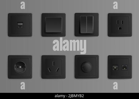 Electric sockets and switches on wall. Vector realistic set of 3d different types toggles and outlet for chinese, european and russian plugs, adapter Stock Vector