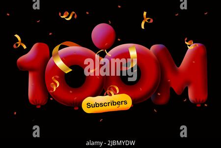 Banner with 100M followers thank you 3d red balloons and colorful confetti. Vector illustration 3d numbers for social media 100000000 followers thanks, Blogger celebrating subscribers, likes Stock Vector