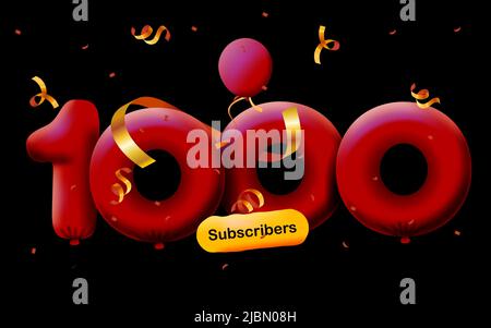 Banner with 1K followers thank you in form of 3d red balloons and colorful confetti. Vector illustration 3d numbers for social media 1000 followers thanks, Blogger celebrating subscribers, likes Stock Vector