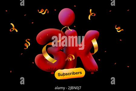 Banner with 3K followers thank you in form 3d red balloons and colorful confetti. Vector illustration 3d numbers for social media 3000 followers thanks, Blogger celebrating subscribers, likes Stock Vector