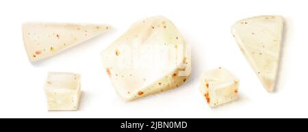 Fresh cheese blocks and triangle pieces isolated on white background. Vector realistic set of white soft cheese chunks with spices, red pieces of toma Stock Vector