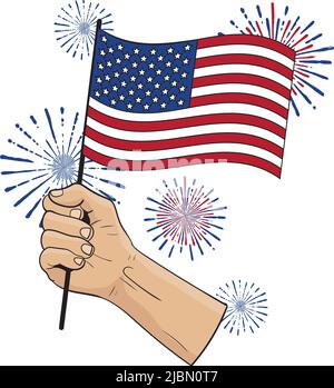 Hand-holding American Flag with Fireworks vector illustration Stock Vector