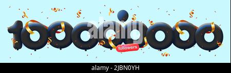 Banner with 100M followers thank you 3d black balloons and colorful confetti. Vector illustration 3d numbers for social media 100000000 followers thanks, Blogger celebrating subscribers, likes Stock Vector