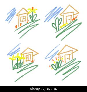 Set Childrens drawing with multicolored pencils in doodle style Stock Vector