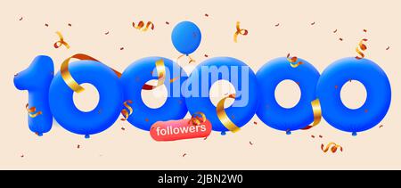 Banner with 100000 followers thank you in form of 3d  blue balloons and colorful confetti. Vector illustration 3d numbers for social media 100K followers thanks, Blogger celebrating subscribers, likes Stock Vector