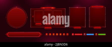 Game menu interface ui elements, buttons, progress bars, settings, login and password board. Gui user panel with sliders, keys, red glowing design wit Stock Vector