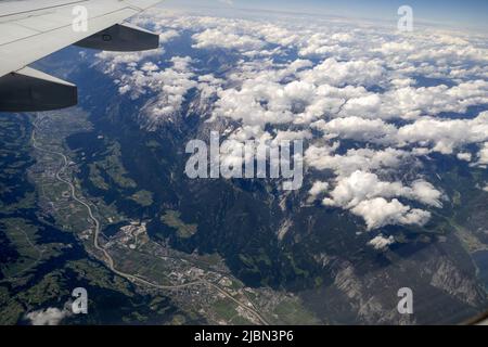 Innsbruck valley aerial panorama from airplane landscape Stock Photo
