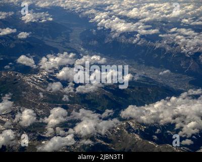 Innsbruck valley aerial panorama from airplane landscape Stock Photo