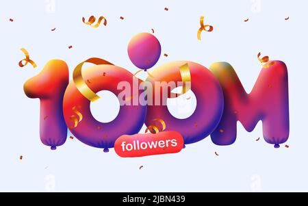 Banner with 100M followers thank you 3d red balloons and colorful confetti. Vector illustration 3d numbers for social media 100000000 followers thanks, Blogger celebrating subscribers, likes Stock Vector