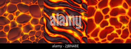 Lava seamless textures for game. Backgrounds of volcano eruption top view, abstract pattern with hot molten magma, stones, cracks, flowing liquid and Stock Vector