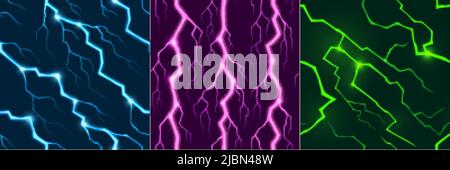 Game textures with electric lightnings, light flashes effect in storm at night. Vector seamless patterns with green, blue and purple thunderbolts, ele Stock Vector