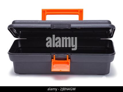 Open Black Plastic Tool Box Cut Out on White. Stock Photo