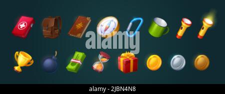 Game icons travel diary, lightning flash and carbine, golden cup and first aid kit. Gift box, gold silver and bronze money coins, compass and hourglas Stock Vector