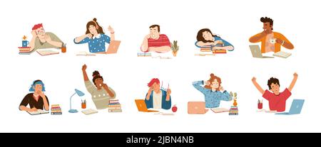 Tired people yawn while work or study at desk with books and laptop. Vector flat illustration of bored and sleepy characters, students feel tiredness, Stock Vector
