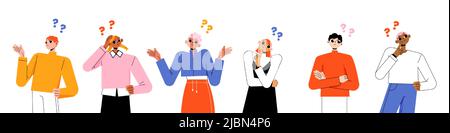 Diverse wondering people with question marks. Vector flat illustration of thoughtful women and men, doubt, unsure characters in pose with hand on chin Stock Vector