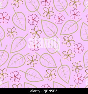 Elegant trendy vector floral seamless ditsy pattern design of plumeria flower and leaf outlines. Tileable repeat texture with pinkish background Stock Vector