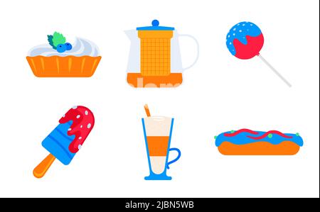 Sweet cafe menu - flat design style icons set. High quality colorful images of blueberry pie, glass teapot, caramel apple on a stick, chocolate covere Stock Vector