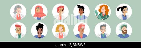 Avatars of doctors and nurses, diverse people in medical uniform. Vector flat illustration of professional medic characters faces, portraits of hospit Stock Vector