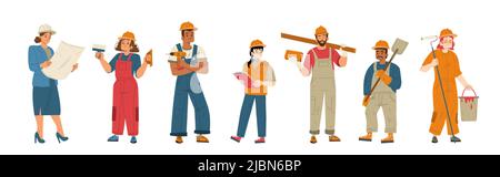 Builders and construction workers in helmets. Vector flat illustration of diverse people working in building industry, men and women architect, painte Stock Vector