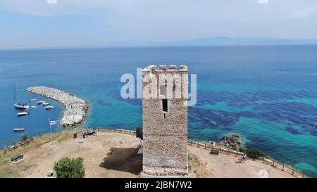 byzantine tower in halkidiki greece with drone Stock Photo