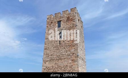 byzantine tower in halkidiki greece with drone Stock Photo