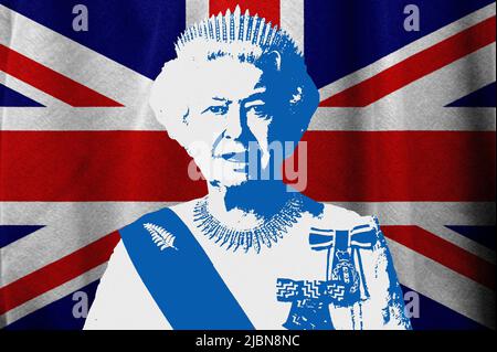 Queen Elizabeth II and UK flag Stock Photo - Alamy