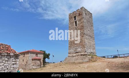 byzantine tower in halkidiki greece with drone Stock Photo