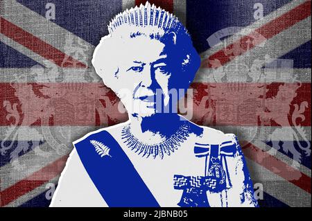 Queen Elizabeth II, coat of arms and flag of the United Kingdom Stock Photo