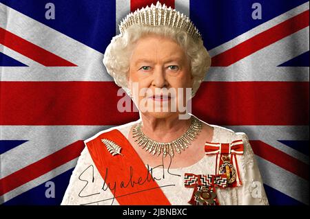 Queen Elizabeth II, signature and UK flag Stock Photo