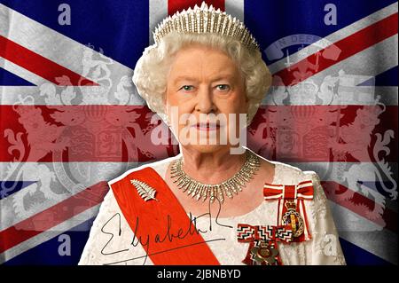 Queen Elizabeth II, signature, coat of arms and flag of the United Kingdom Stock Photo