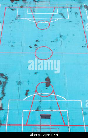 light blue basketball court texture, details of geometric lines drawn on the ground, background with geometric figures, place for sports Stock Photo