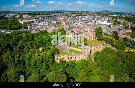 Aerial view from drone of Dunfermline Abbey and Palace ruins in Dunfermline, Fife, Scotland Stock Photo