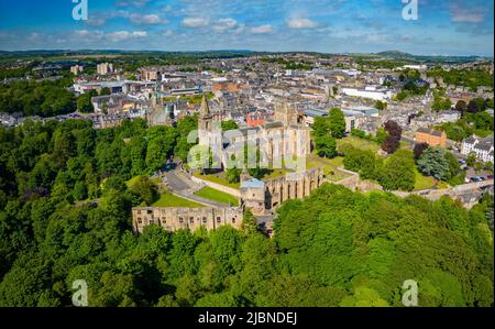 Aerial view from drone of Dunfermline Abbey and Palace ruins in Dunfermline, Fife, Scotland Stock Photo