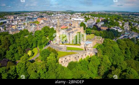 Aerial view from drone of Dunfermline Abbey and Palace ruins in Dunfermline, Fife, Scotland Stock Photo