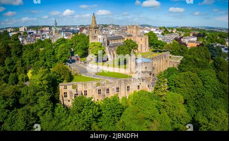 Aerial view from drone of Dunfermline Abbey and Palace ruins in Dunfermline, Fife, Scotland Stock Photo