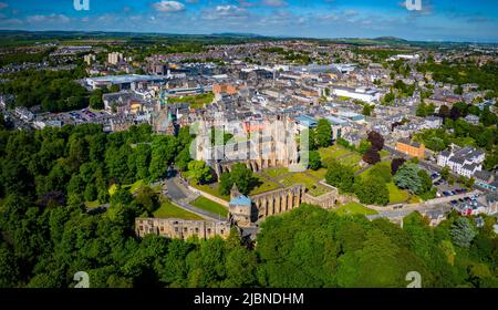 Aerial view from drone of Dunfermline Abbey and Palace ruins in Dunfermline, Fife, Scotland Stock Photo