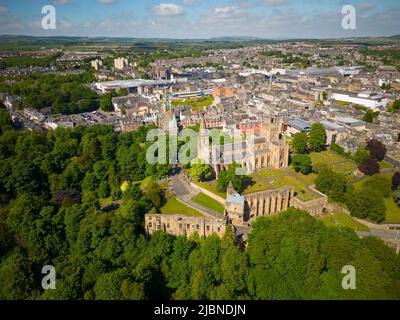 Aerial view from drone of Dunfermline Abbey and Palace ruins in Dunfermline, Fife, Scotland Stock Photo