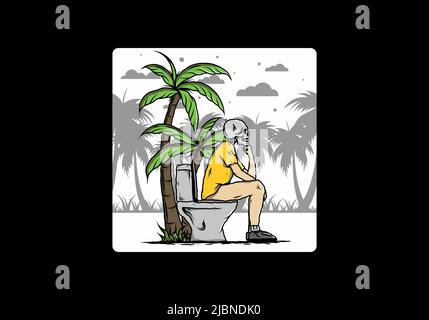 Skeleton man sit on outdoor toilet illustration drawing design Stock Vector