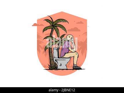 Skeleton man sit on outdoor toilet illustration drawing design Stock Vector