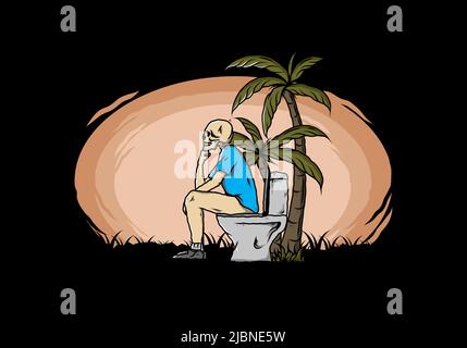 Skeleton man sit on outdoor toilet illustration drawing design Stock Vector