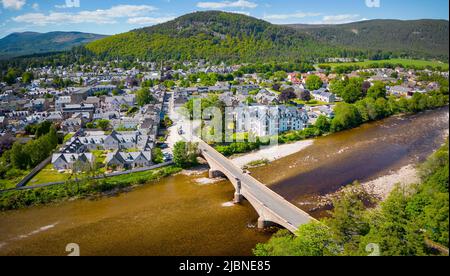 Aerial view from drone of village of Ballater on Deeside in Aberdeenshire, Scotland, UK Stock Photo