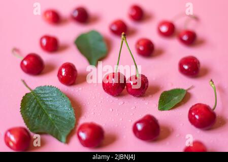 Fresh and delicious cherries with water drops on pink background Stock Photo