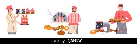 Bakery and pastry shop banner or badge collection with characters of bakers making cakes and bread, cartoon flat vector illustration isolated on white Stock Vector