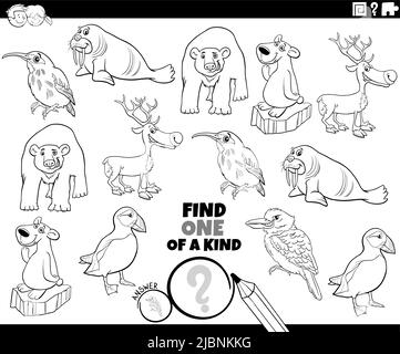 Black and white cartoon illustration of find one of a kind picture educational game with comic animal characters coloring book page Stock Vector