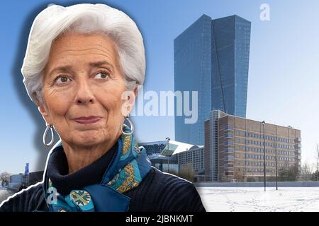 Christine Lagarde and headquarters of the European Central Bank Stock Photo