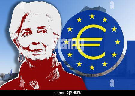 Christine Lagarde and logo of the European Central Bank Stock Photo