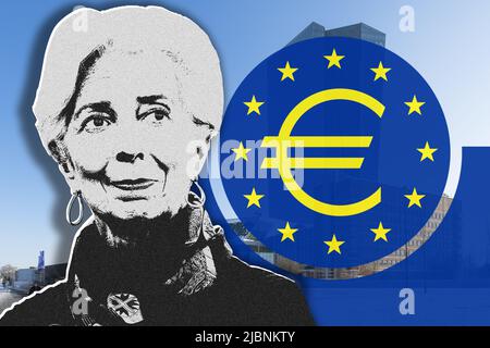 Christine Lagarde and logo of the European Central Bank Stock Photo