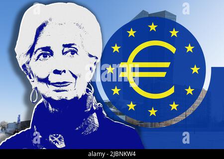 Christine Lagarde and logo of the European Central Bank Stock Photo