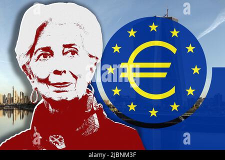 Christine Lagarde and logo of the European Central Bank Stock Photo