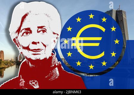 Christine Lagarde and logo of the European Central Bank Stock Photo